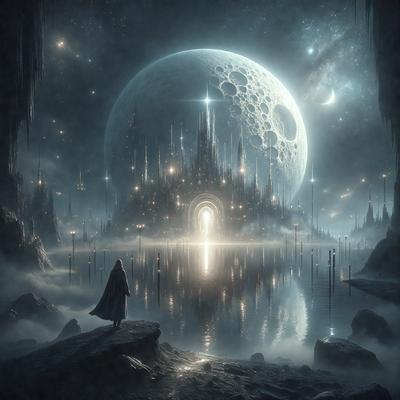 The primary subject of the image is a person standing on a rock near a body of water. The person is wearing a cloak, and there is a castle in the background. The setting appears to be a nighttime scene with a moon visible in the sky. The visual style of the image is digital art, and the colors and mood suggest a mysterious and enchanting atmosphere.